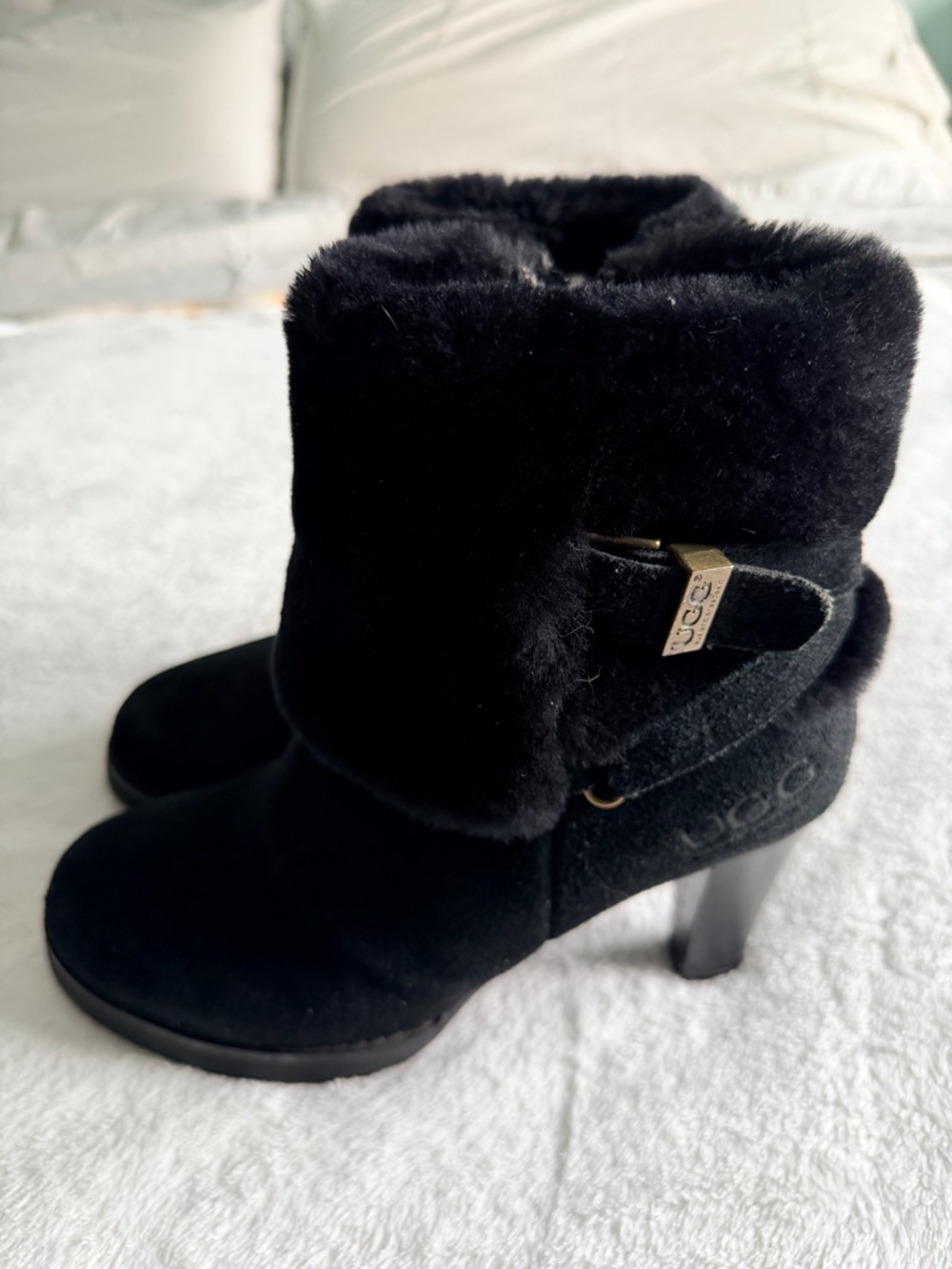 UGG Women's Black Shearling Cuff High-Heel Booties